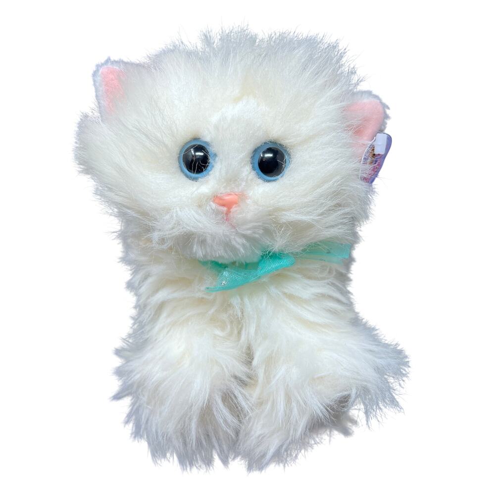 Kitty Kitty Kittens White Persian Plush Snowball VTG 2001‎ Purrs Cat Teal Bow